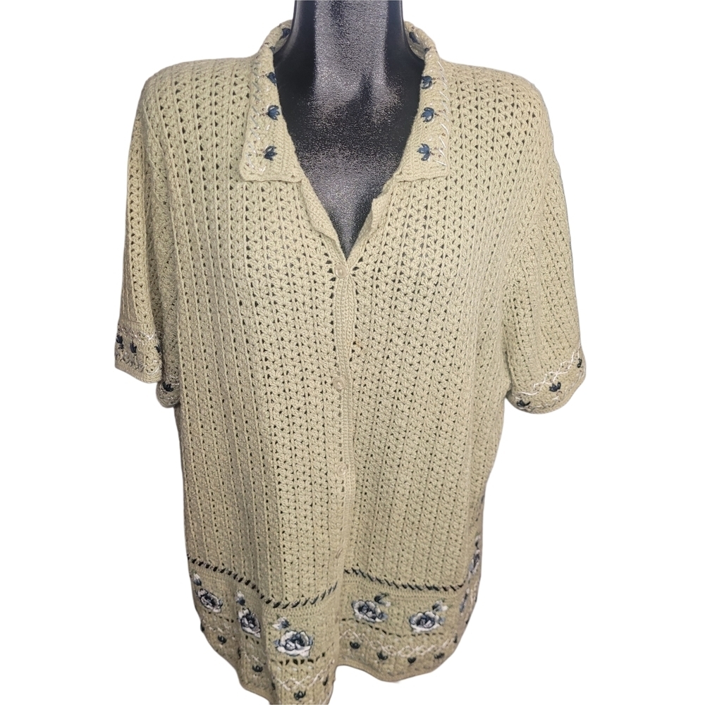 Tradition Light Green Open Knit Embroidered Button-Up Short Sleeve Top